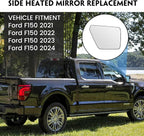 Passenger Heated Mirror Glass Replacement for Ford F150 2021 2022 2023 2024, Right Side Rearview Mirror with Blind Spot Light and Backing Plate Fits F150 2021 2022 2023 2024
