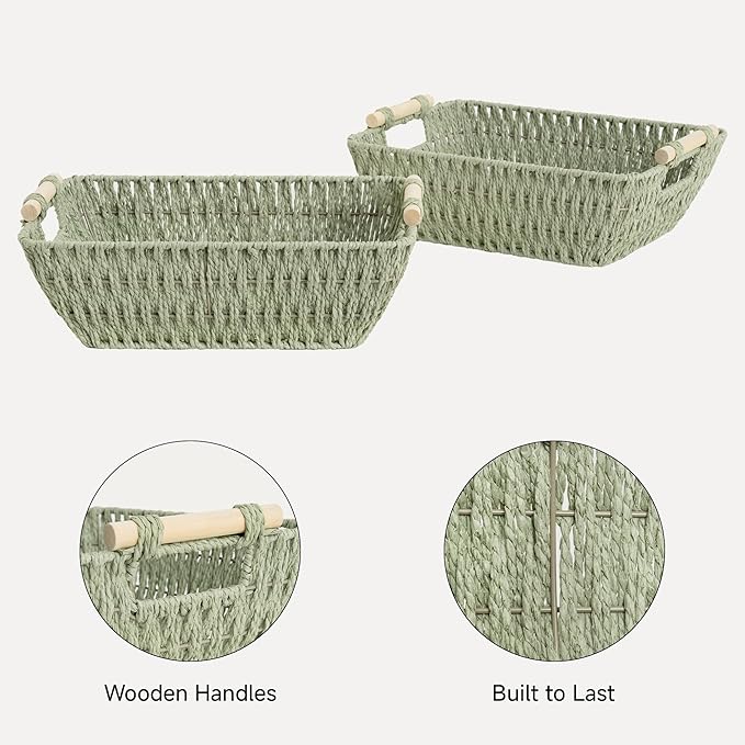 StorageWorks Large Wicker Storage Basket for Organizing with Wooden Handles, Toilet Paper Baskets for Shelf, Bosana Green, 2-