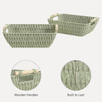 StorageWorks Large Wicker Storage Basket for Organizing with Wooden Handles, Toilet Paper Baskets for Shelf, Bosana Green, 2-