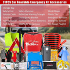 Car Roadside Emergency Kit, Vehicle Truck Safety Emergency Road Side Assistance Kits with Jumper Cables, Red