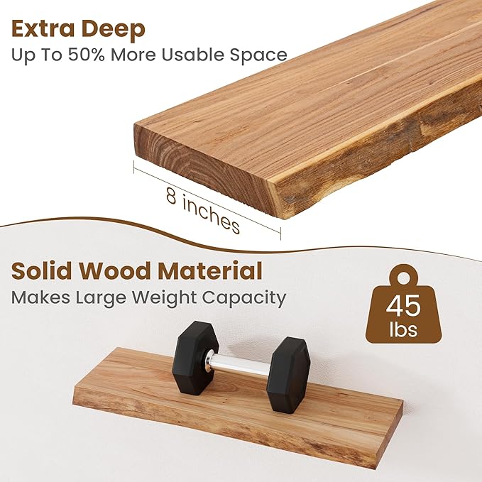 Floating Shelves for Wall Decor, Rustic Solid Elm Wood Live Edge Floating Shelves Wall Mounted, Wall Shelves with Invisible B