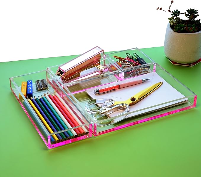 4-Piece Stackable Pink Acrylic Desk Organizer for Office or Home Desk Drawer Dividers, Makeup Vanity Storage Bins, Accessory 