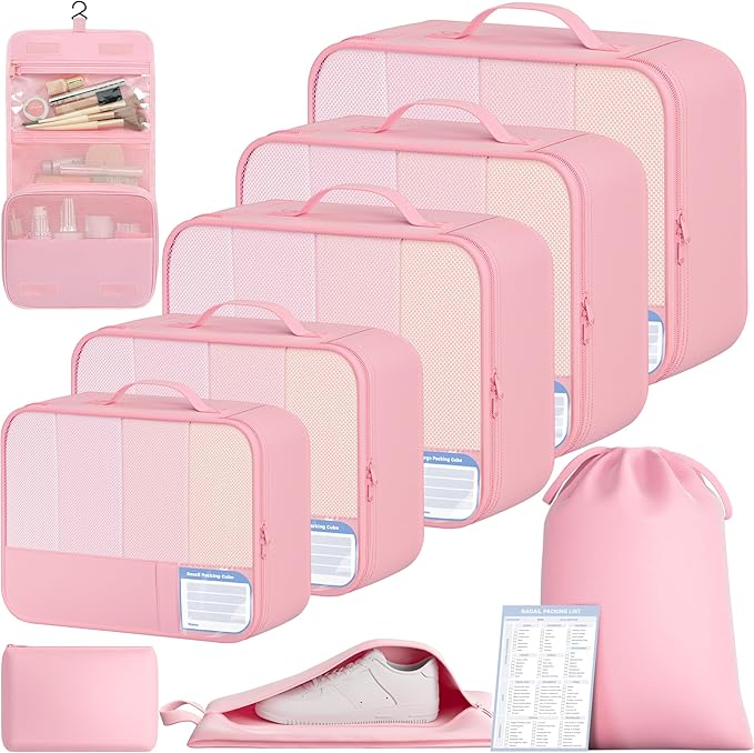 BAGAIL 9 Set Packing Cubes with Packing List Luggage Packing Organizers for Travel Accessories (Pink)