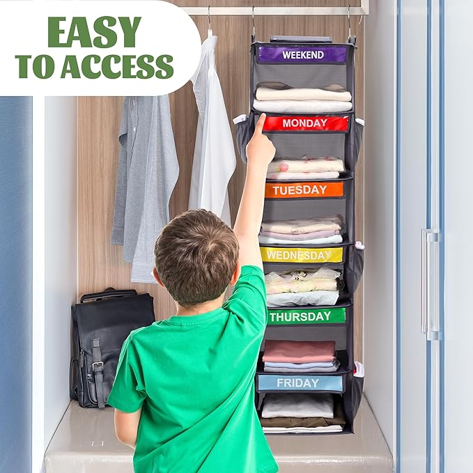 2 Pack 6-Shelf Weekly Clothes Organizer for Kids, Hanging Daily Closet Organization with 6 Side Pockets, Days of The Week Clo