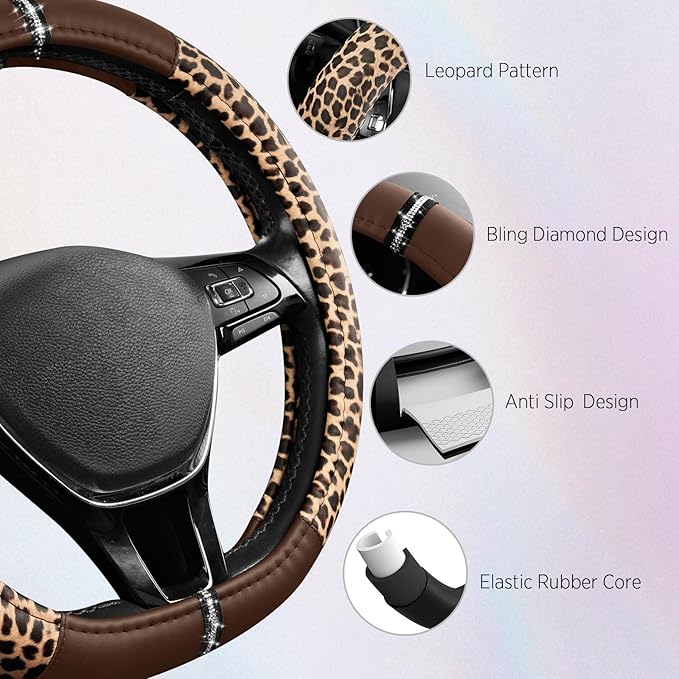 Road Comforts Leopard Steering Wheel Cover for Women, Cute Anti-Slip Microfiber Leather, Fits D Shape Flat Bottom Steering Wh