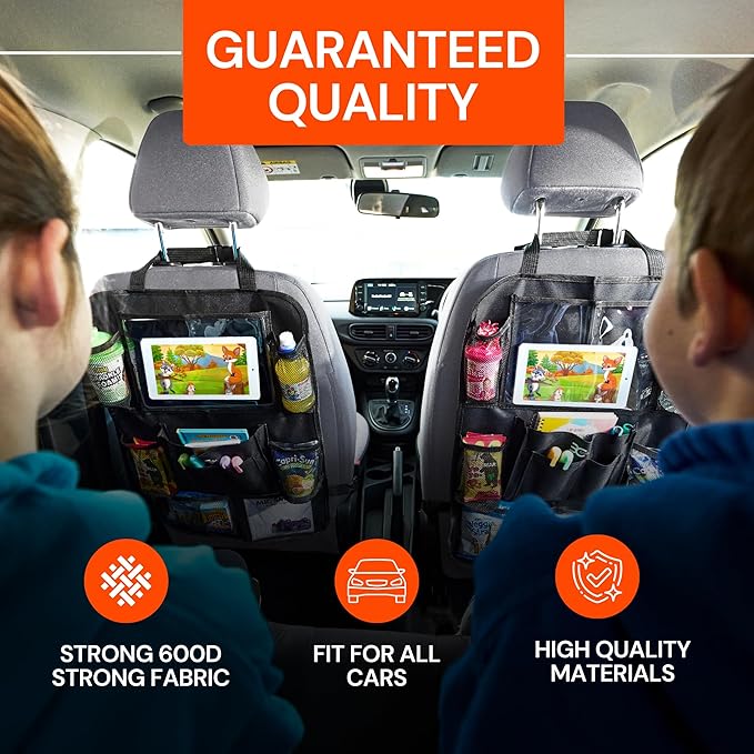 Backseat Car Organizer, Kick Mat Back Seat Protector with Touch Screen Tablet Holder, Back Seat Organizer for Baby & Kids, Travel Accessories with 9 Storage Pockets & 4 Headrest Hooks, Pack of 2-Black
