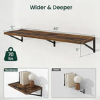 Floating Shelves, 12 Inch Deep Rustic Wood Wall Storage, 48W x 12D Wall Shelves Set of 2, Heavy Duty Metal Brackets, Large In