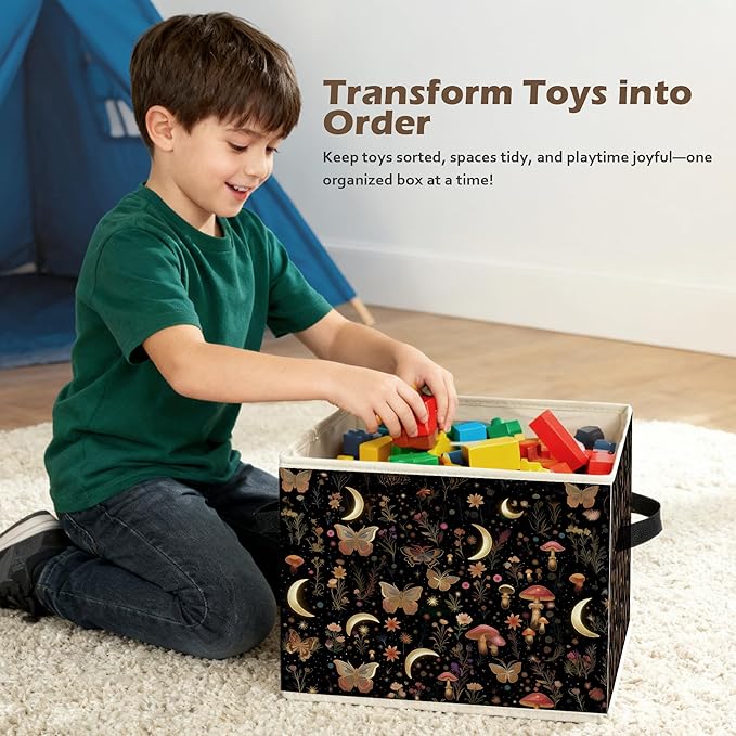 Enchanted Forest Boho Witchy Storage Box Bins, Mystical Moon Butterfly Mushroom Floral Collapsible Storage Basket Organizer f