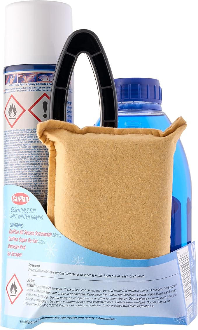 CarPlan Winter Essentials Kit, 4 Piece Set - Ice Scraper, De-Icer Spray, Windshield Washer Fluid & Window Demister Pad