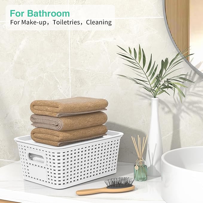 8-Pack White Plastic Storage Baskets with Lids, Label Organizers, Stackable Organizer Containers: For Organizing Shelves, Dra