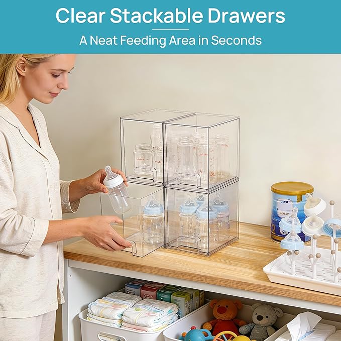 Vtopmart 7.6" H Clear Stackable Storage Drawers, 4 Pack Plastic Organizers Bins for Skincare, Cosmetics,Beauty Supplies,Ideal