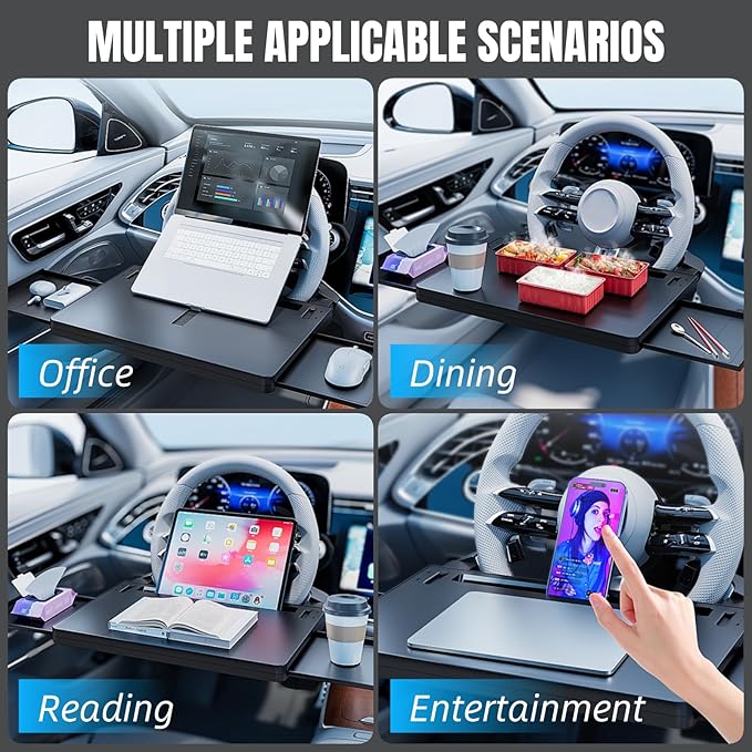 Large Car Steering Wheel Desk with Retractable Tray, Car Steering Wheel Tray Laptop Mount for Eating Food Drink and Writing Work, Fits for Most Cars (Black)
