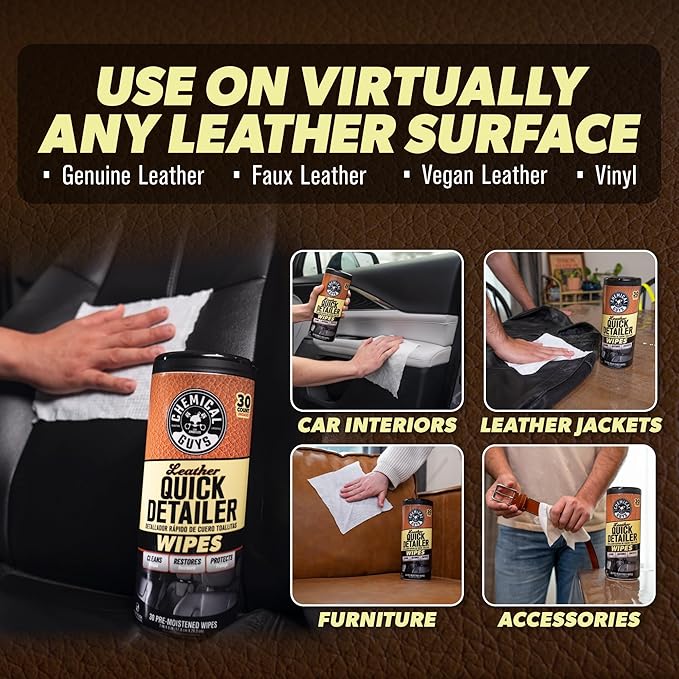 Chemical Guys Leather Quick Detailer Wipes in Canister (30 ct) (2 Pack) – Easy-Clean Conditioning Wipes for Leather Seats, In