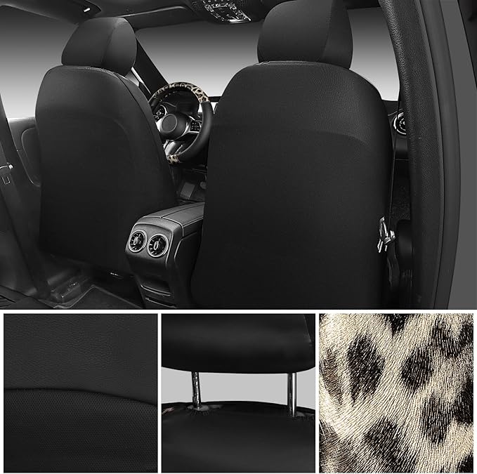 CAR PASS Leopard Print Faux Leather Car Seat Covers & Leopard Car Mats&Leopard Steering Wheel Cover Seat Belt Universal Car A