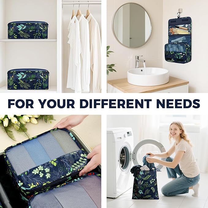 BAGAIL 9 Set Packing Cubes with Packing List Luggage Packing Organizers for Travel Accessories (Navy leaf)