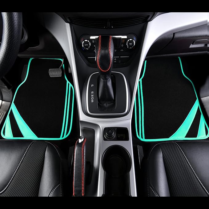 CAR PASS Mint Green Edge Leather Car Floor Mats, Universal Car Mats with Double Stitch Line and Anti-Slip Backing Design, for