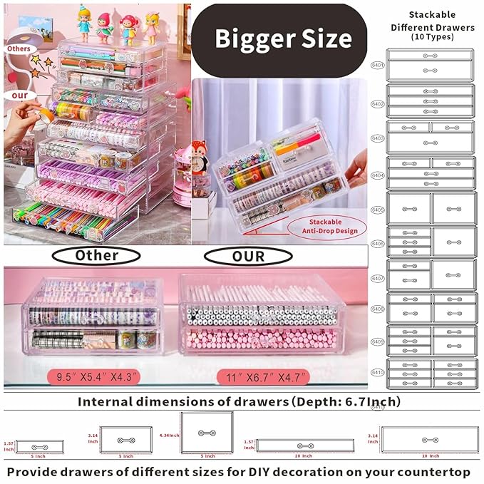 Cq acrylic Clear Stackable Storage Drawers,5 Drawers Acrylic organizers For Vanity Counter,Large Plastic Clear Drawer Organiz
