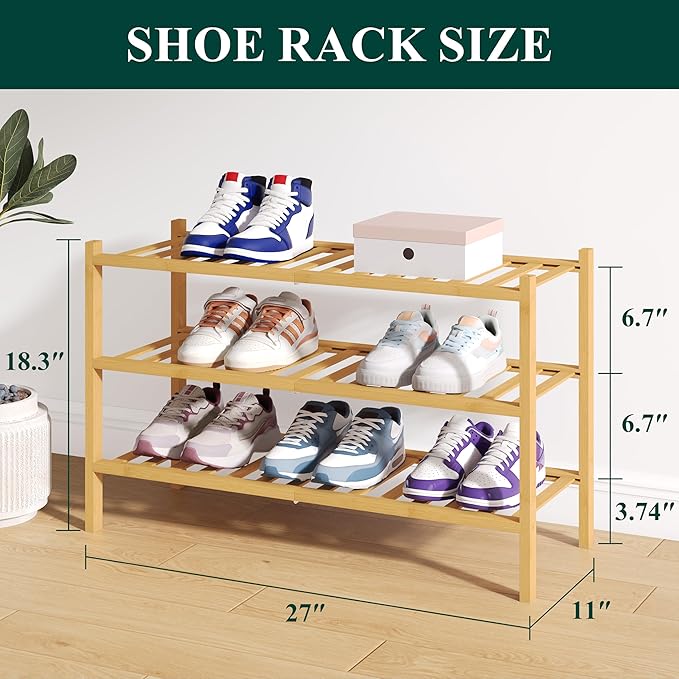 Smiry Bamboo Shoe Rack for Closet, 3 Tier Wooden Stackable Shoe Organizer, Free Standing Shoes Storage Shelf for Entryway, Fr