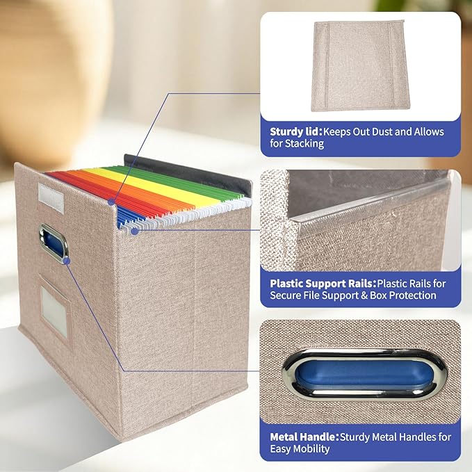 Letter Size File Organizer Box with Lid – Durable Oxford Fabric Document Storage Box, Sturdy Cardboard Support, Portable Offi