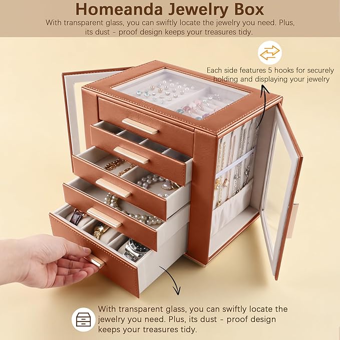 Homeanda Jewelry Box for Women with Glass Lid, 5 Drawers Jewelry Organizer and Storage for Necklaces, Rings, Earrings, Bracel