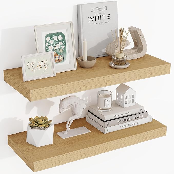 24 Inch Floating Shelves, 3D Textured Wood Grain, 24"x9.25"x1.5" Inch Deep Floating Shelves for Wall, Wooden Shelves for Bath
