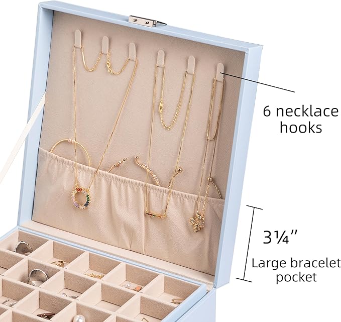 Frebeauty Earring Organizer Classic Jewelry Box 50 Slots Double Layer Jewelry Storage Case with 6 Necklace Hook and Bracelet 