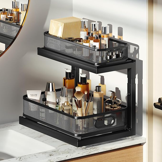2-Pack Under Sink Storage Organizer with 2-Tier Slide Out Drawer, Sophisticated Mesh Pull Out Shelf for Kitchen & Bathroom, F