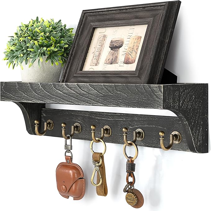 Rebee Vision Farmhouse Key Holder Wall Mount – Rustic Key Holder for Wall with Shelf for Plants & Small Home Decor – Stylish 
