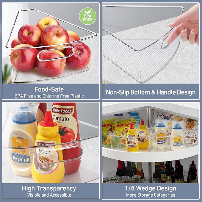 Leeden Lazy Susan Organizer for 28" Diameter Corner Lazy Susan, Plastic Kitchen Cabinet Storage Bins with Handle, 8 Packs, 1/