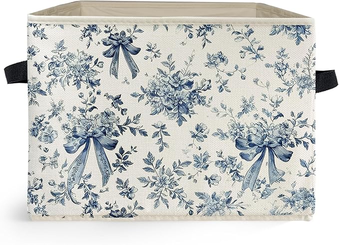 Chinoiserie Bow Floral Storage Box Bins, Blue and White Grandmillennial Flower Collapsible Storage Basket Organizer for Bedro
