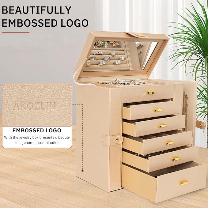 AKOZLIN Huge Jewelry Box Organizer Functional Extra Large Leather Jewelry Storage Case for Women Girls Ring Necklace Earring 
