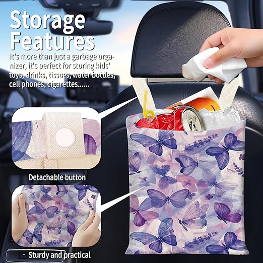 Hanging Car Garbage Bag, Cute Car Trash Can Bag, Automotive Accessories for Women Men Cute Blue Purple Butterfly