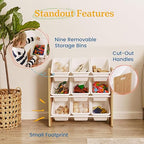 ECR4Kids 3-Tier Organizer with 9 Removable Plastic Bins, 3x3, Toy Storage, Dark Natural/White