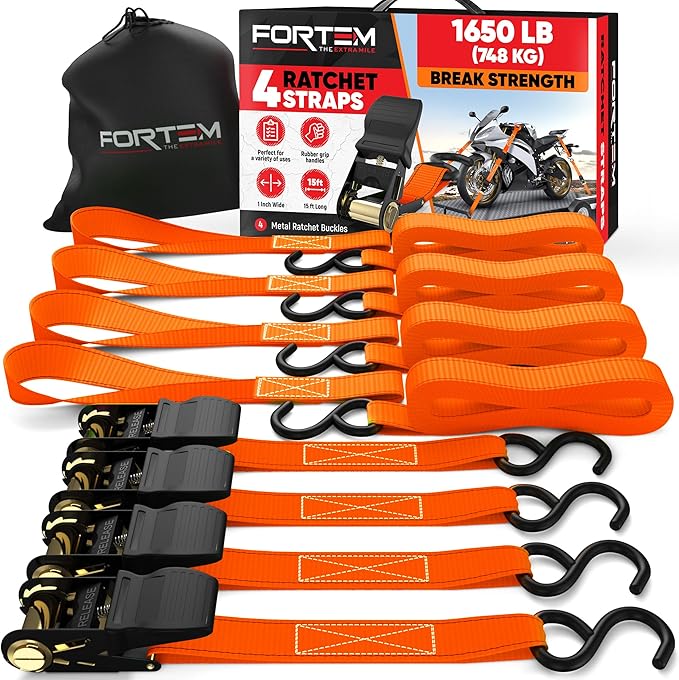 FORTEM Ratchet Straps, Tie Down Strap Set 1650lb Break Strength, 4 Pack 15ft x 1in, 4 Soft Loops, Moving Straps Tie Downs, Cargo Cam Buckles for Trucks, Carry Bag, for Men