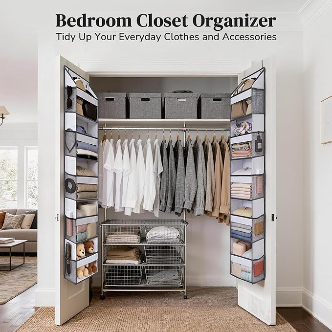 5 Tiers Ultra-thin Over Door Organizer with 10 Mesh Side Pockets, 44 lbs Weight Capacity Hanging Storage Organizer with Clear