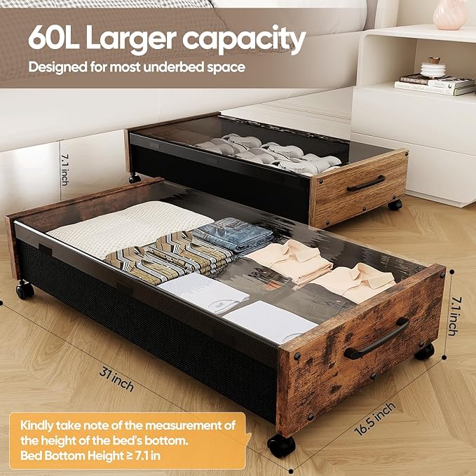 KITHELP Under Bed Storage with Wheels, Wooden Under Bed Drawers 2pack Black Wood & 2pack Vintage Brown
