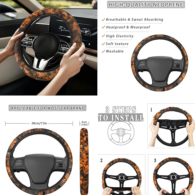 Deer 13 Pcs Auto Seat Cover Sets Steering Wheel Cover Seatbelt Pad Camo Hunting Forest Armrest Cover Pad Cup Holders Keychain Chapstick Holder for SUV Van Sedan Truck