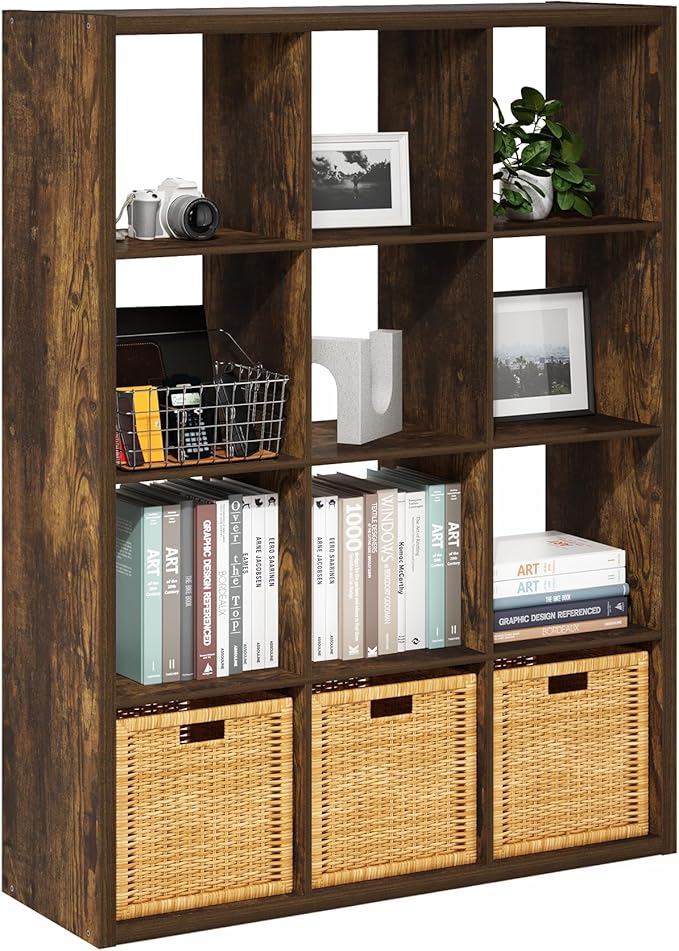Furinno Cubicle Book Shelf, 12-Cube Bookshelf, Extra Thick Frame Reversible Bookcase with Open Back, 14.6" x 44" x 58", for L