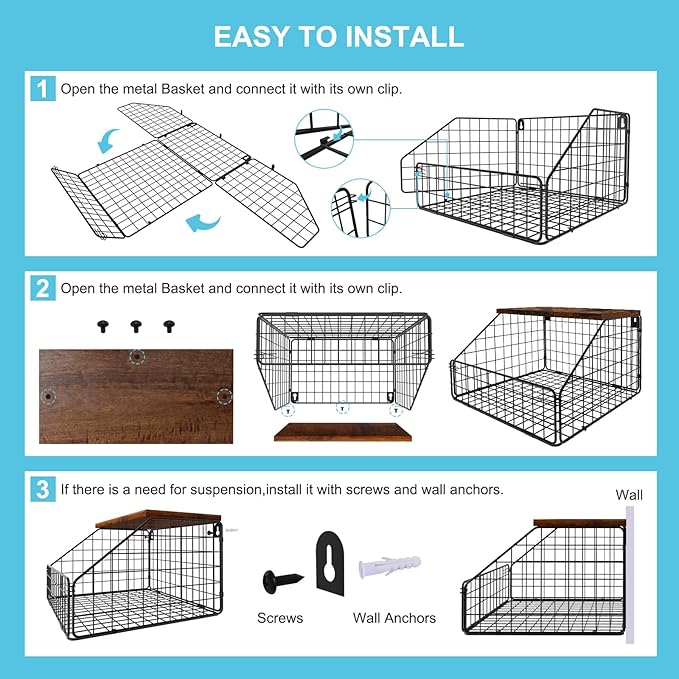 MSJGA Laundry Room Shelves Wall Mounted with Storage Basket - Farmhouse Stackable Wire Wall Shelves Organizer for Towels, Det