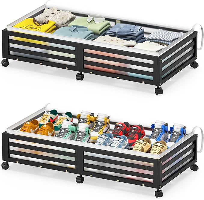Under Bed Storage Containers With Wheels - 2 Pcs Large Bamboo Wood Rolling Underbed Shoe Storage Bins With Dust Bags for Clot