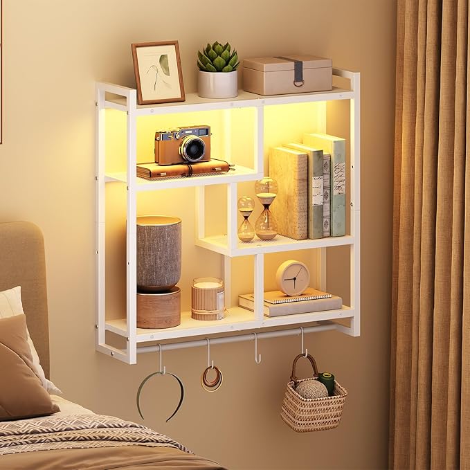 HOOBRO Gaming Floating Shelves with LED Lights, 28.7" LED Wall Mounted Shelf, 4-Tier Floating Wall Shelf for Storage, Display