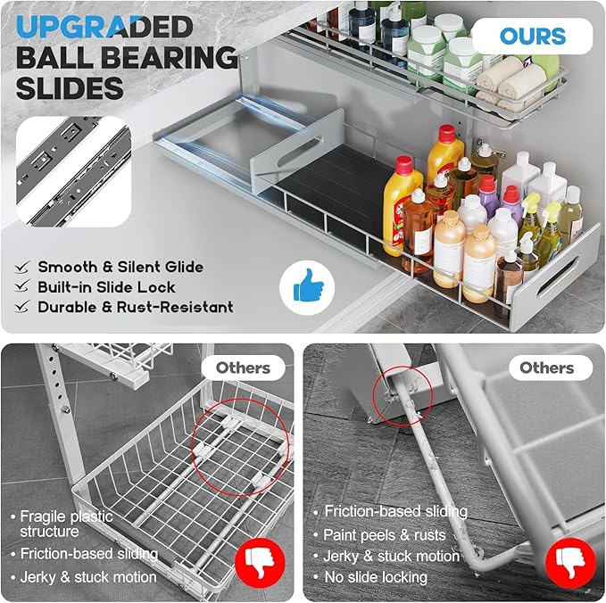 Under Sink Organizer Upgrade To Professional Rails,2-Tier Dual Pull Out Cabinet Storage,Height Adjustable Slide Out Drawers F