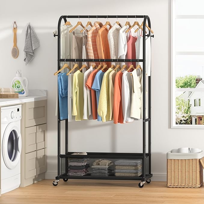 MOYIPIN Double Rods Clothing Rack with Wheels,Clothing Organizer for Hanging Clothes Coat Scarves Bags,Multi-functional Bedro