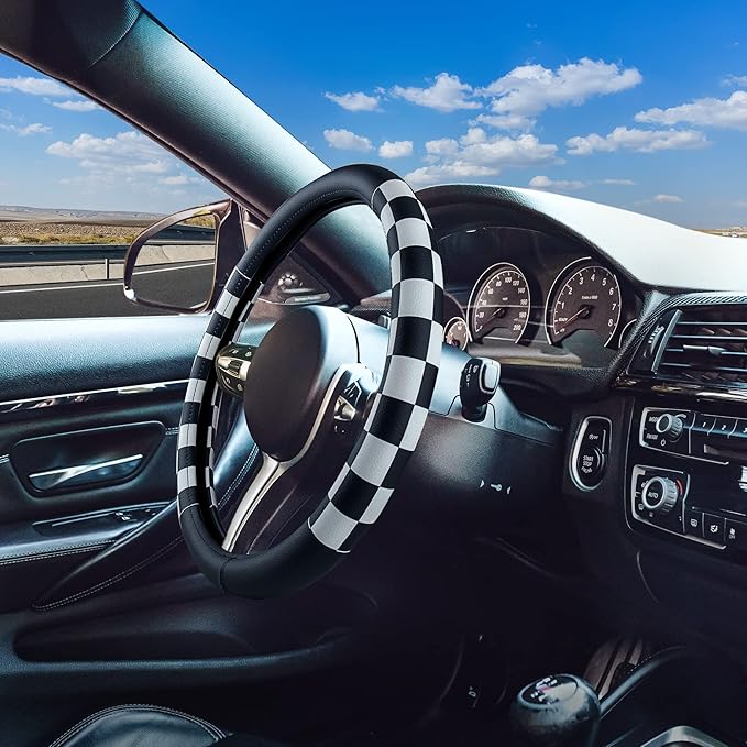 Evankin Lattice Leather Steering Wheel Cover, Black and White Checker Car Accessories, Non-Slip and Comfortable Unisex Univer