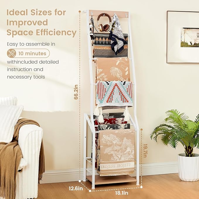 Pinzoveco Blanket Ladder, 7 Tier Blanket Ladders for The Living Room,Wooden Ladder Shelf with Hooks, 5.5ft Blanket Holder Rac