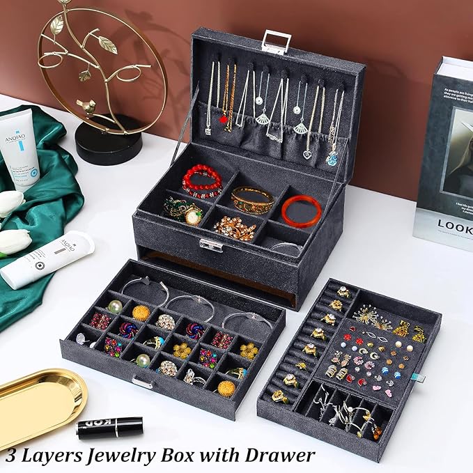QBestry 3-Layer Jewelry Box for Women with Lock and Key & Drawer, Large Jewelry Organizer with 8 Necklace Hooks & 56 Earring 