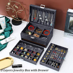 QBestry 3-Layer Jewelry Box for Women with Lock and Key & Drawer, Large Jewelry Organizer with 8 Necklace Hooks & 56 Earring 