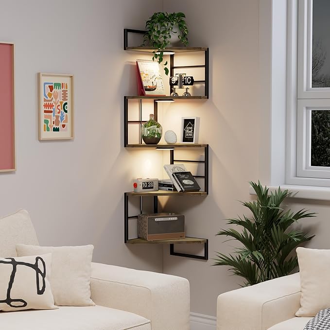 Corner Floating Shelves with Lights - 5 Tiers Corner Shelf Wall Mounted, Bookshelf with LED Light, Floating Shelves for Wall,