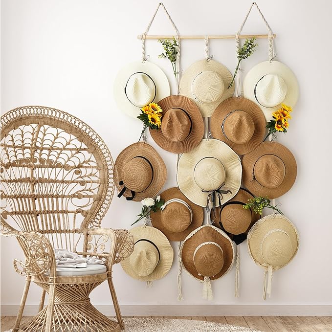 Macrame Hat Rack for Wall 31x66 in Hat Organizer with 15 Clips Hanging Hat Hanger Holder for Women Wide Brimmed Hat Storage f