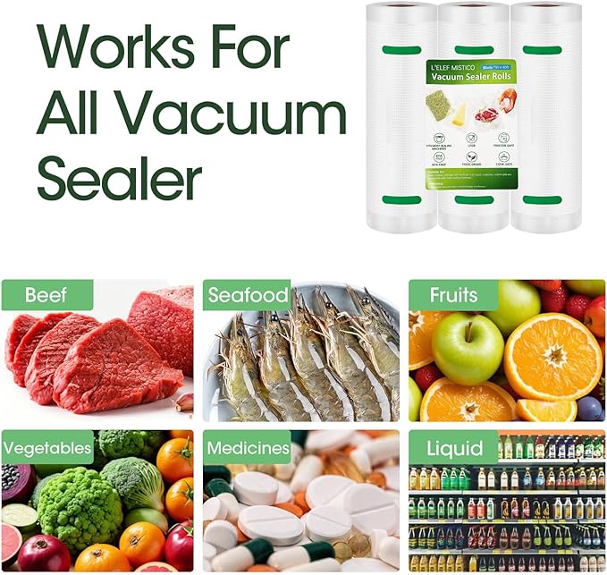 L'ELEF MISTICO Vacuum Sealer Bags for Food, 11''X40' (3 Rolls) BPA Free Food Saver Bags for Sealer, Customized Size Vacuum St